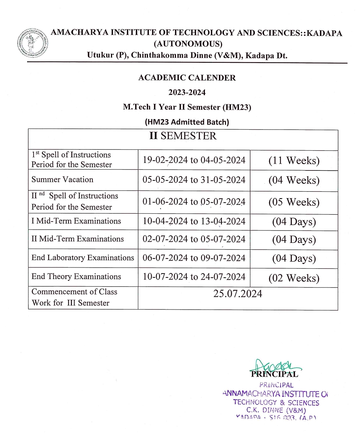 B.Tech Academic Calender - 2023-24